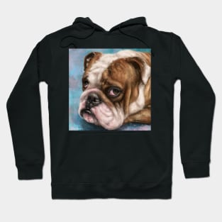 Painting of a Brown and white Bulldog with a Sad Face on Blue Background Hoodie